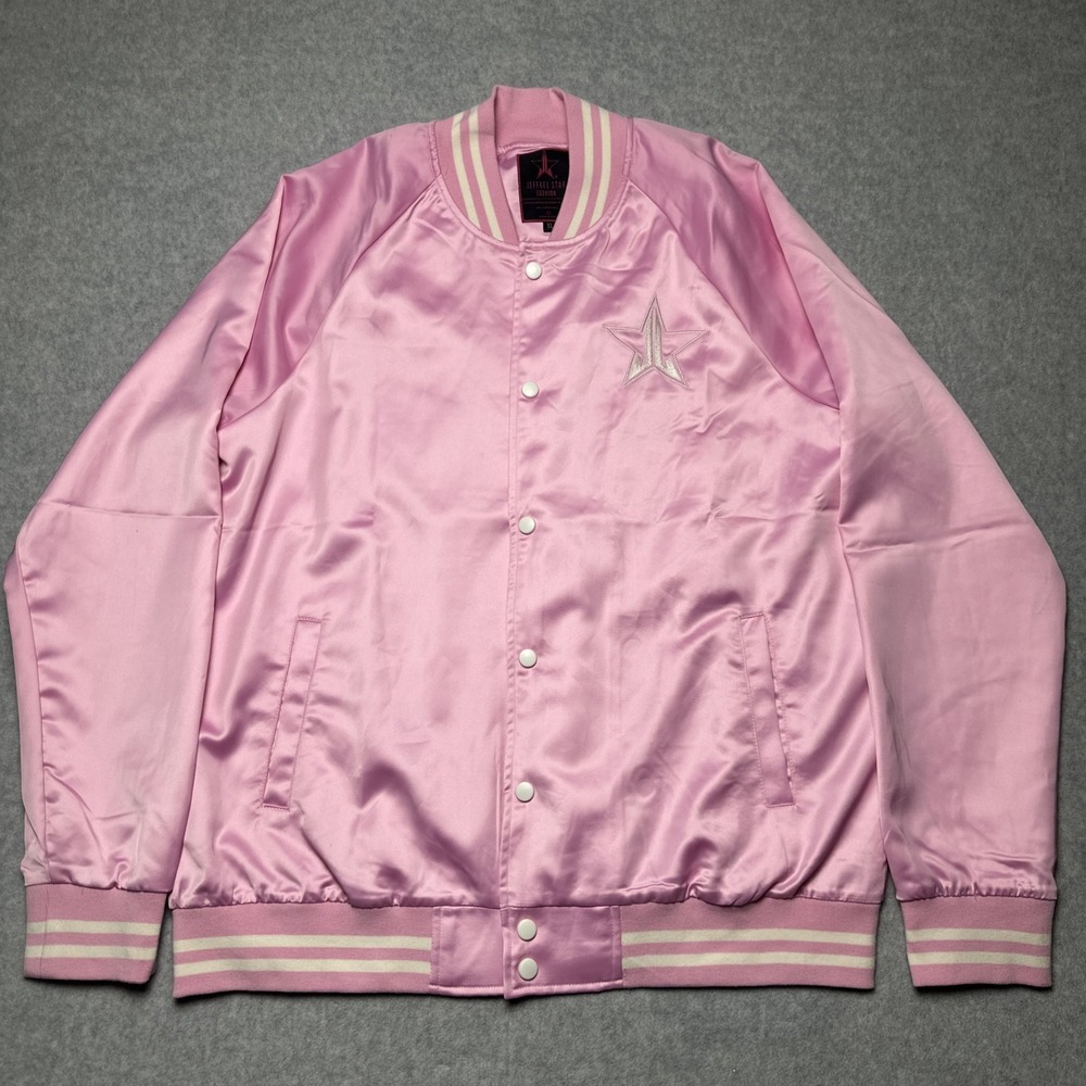 JEFFREE STAR Fashion Pink Button Up White‎ Embroidered Pockets Varsity Jacket XL